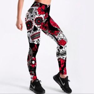 Skull & Flower Black Digital Print Leggings